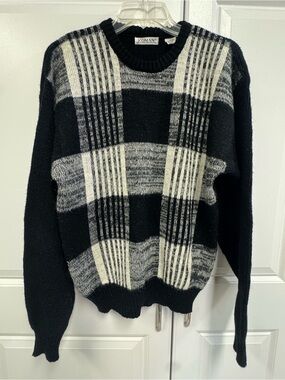 Koman Wmns Vintage Wool Sweater Sz Lg Winter Black White Warm Checkered Plaid